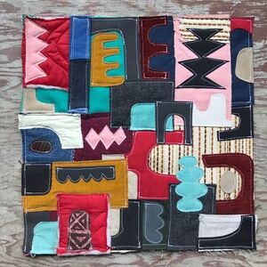 Mixed Fabric Collage Wall Art Abstract Geometric OOAK 16.5" x 17"